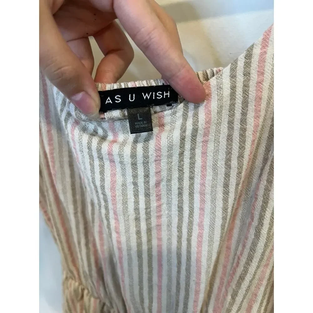 As U Wish Boho Striped Mini Dress Ruffle Sleeve Cottagecore Cotton Summer Large - Picture 3 of 4